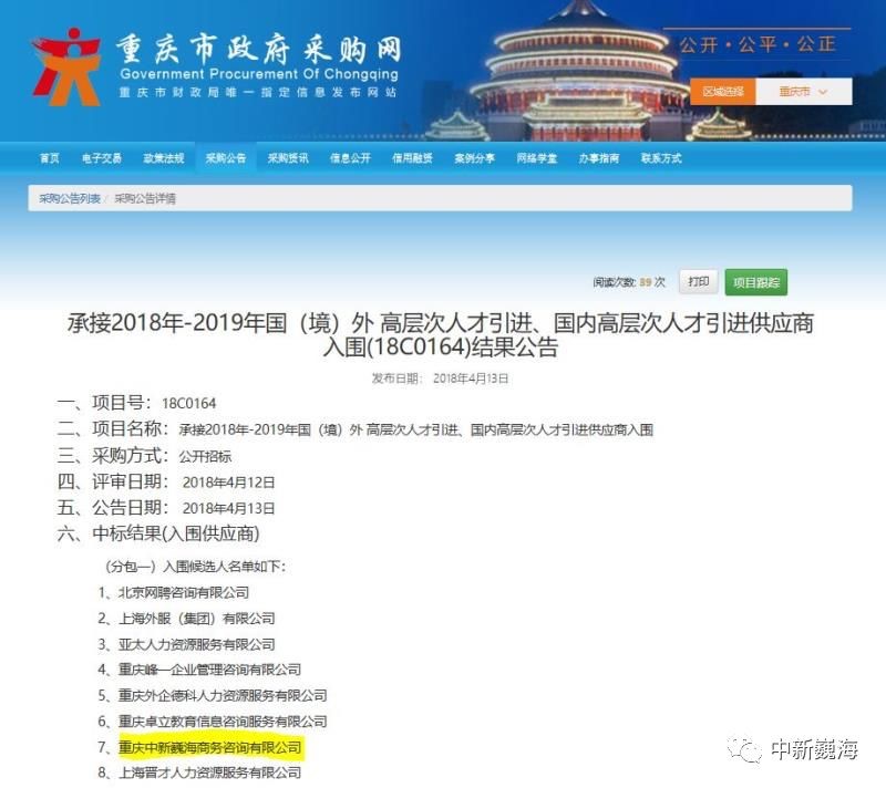 重庆巍海成为重庆2018-2019海外高层次人才引入服务供应商